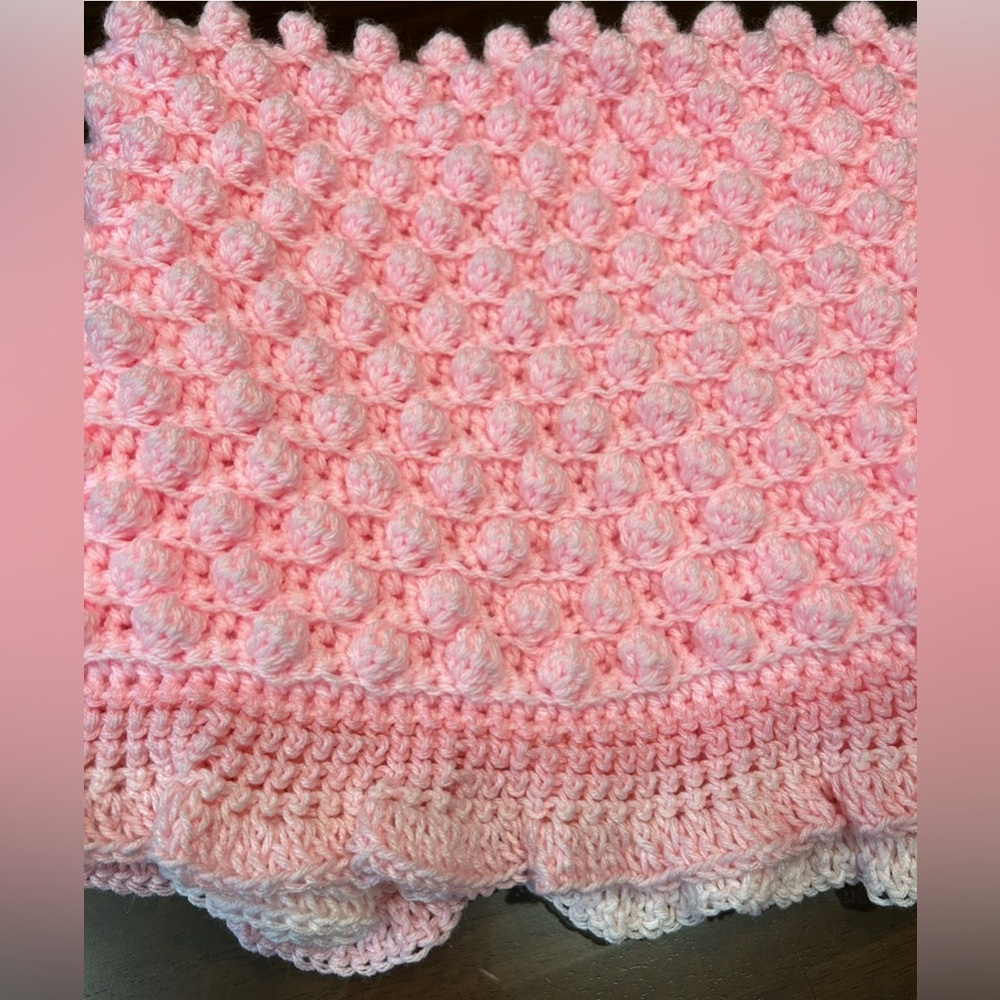 New Hand Made Baby Girl Pink Bobble Stitch Afghan with Shaded Pink Ombré Ruffle